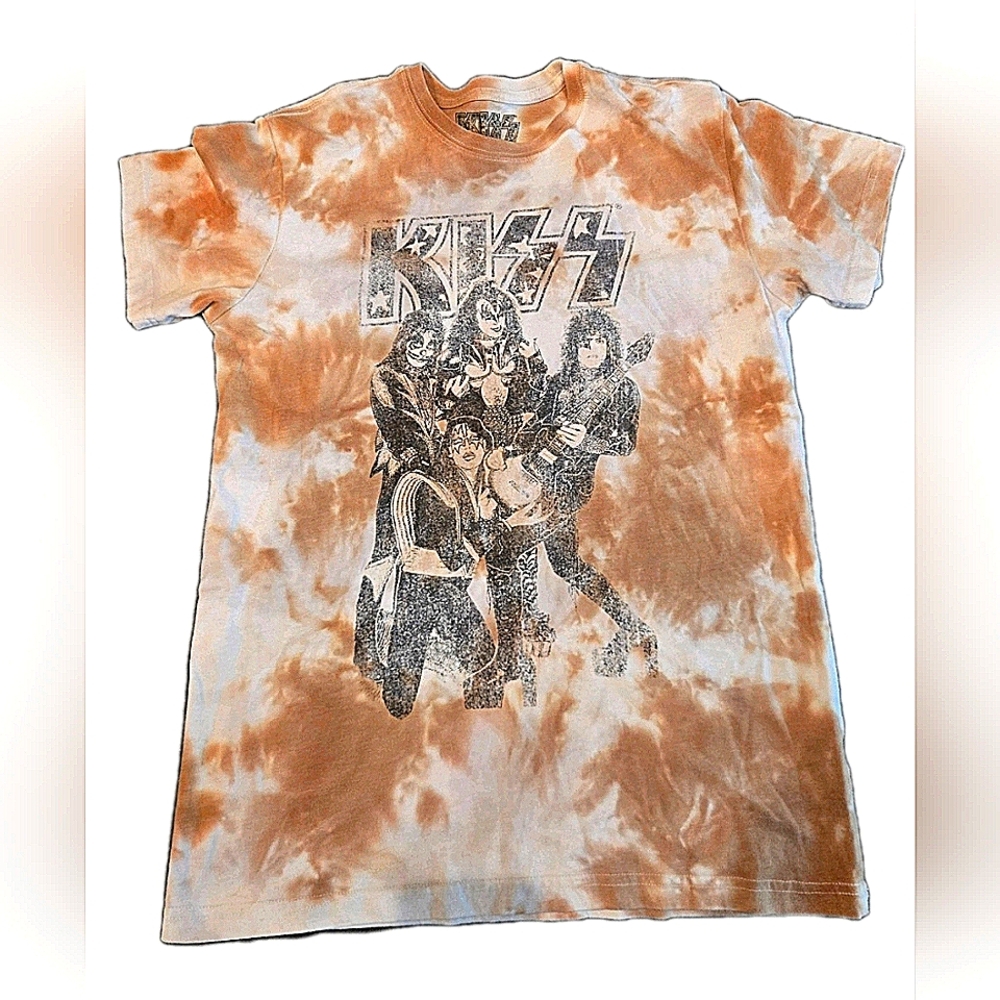 Kiss Band Tie-Dye T-Shirt - Brown and White Size S Fit Big